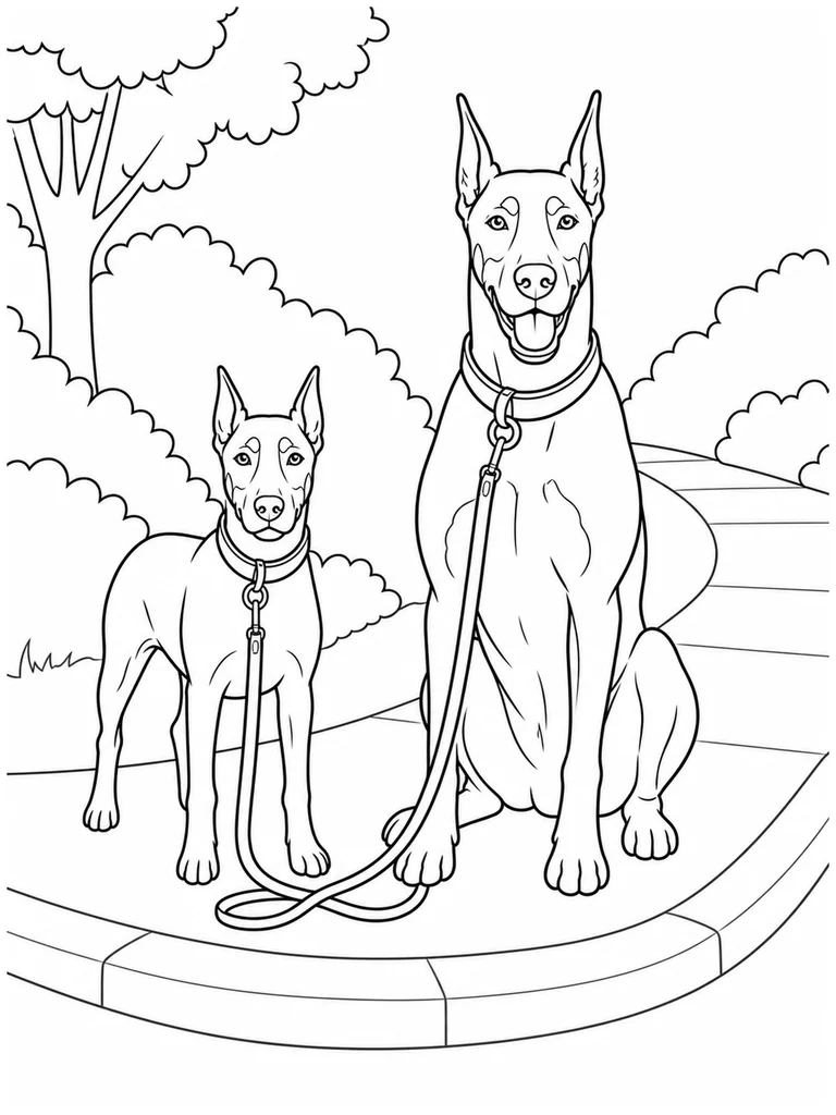 A Doberman Dog duo waits at a sidewalk corner with their leashes crossing neatly.