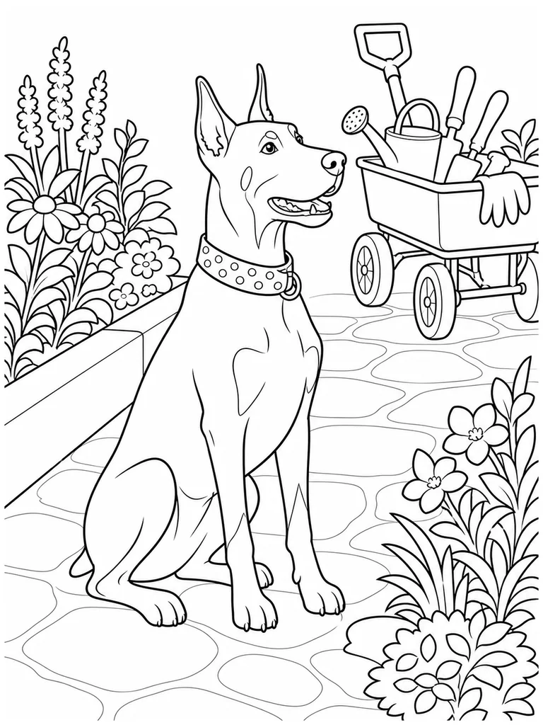 A Doberman Dog sits on a garden path near flowers and a small cart of tools.