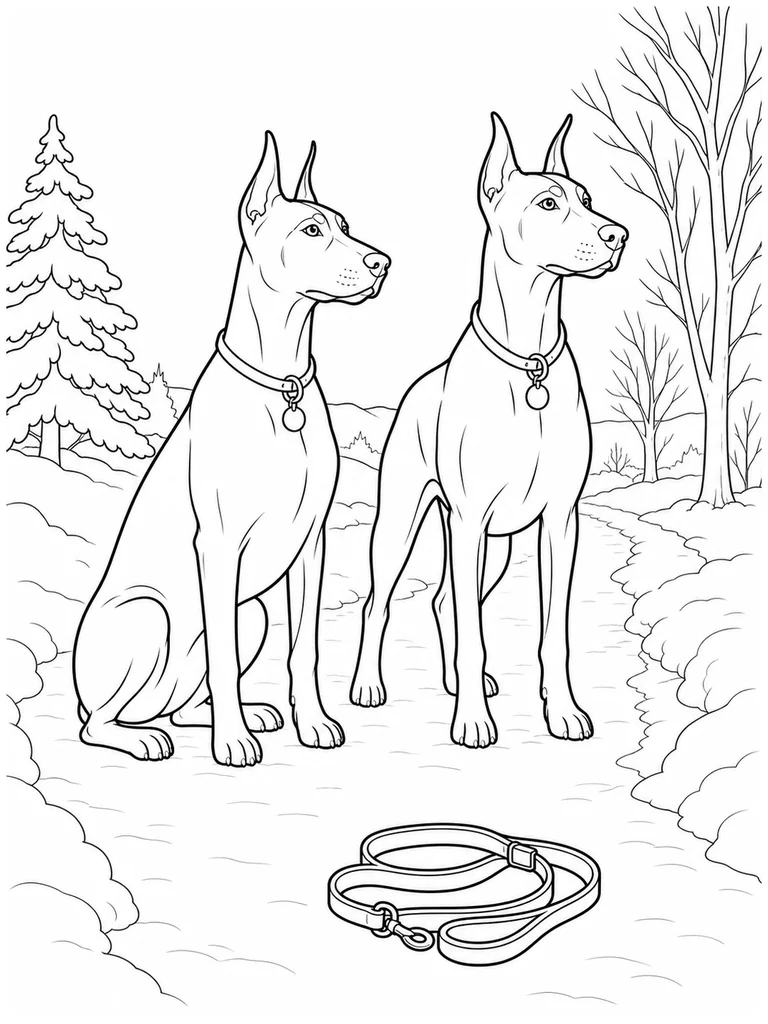 A Doberman Pair waits together on a snowy path with a leash bundle in front.