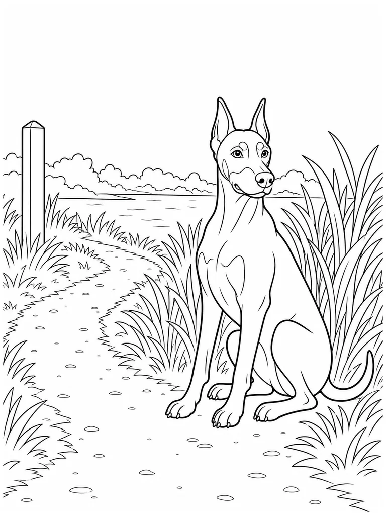 Beside a curving lakeside path, a Doberman rests near tall grass and a simple post.