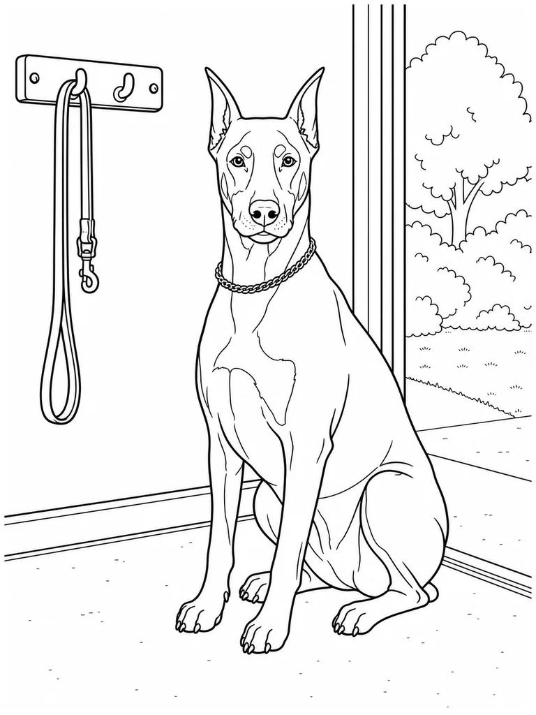 This Doberman sits neatly inside the garage beside a wall rack holding leashes.