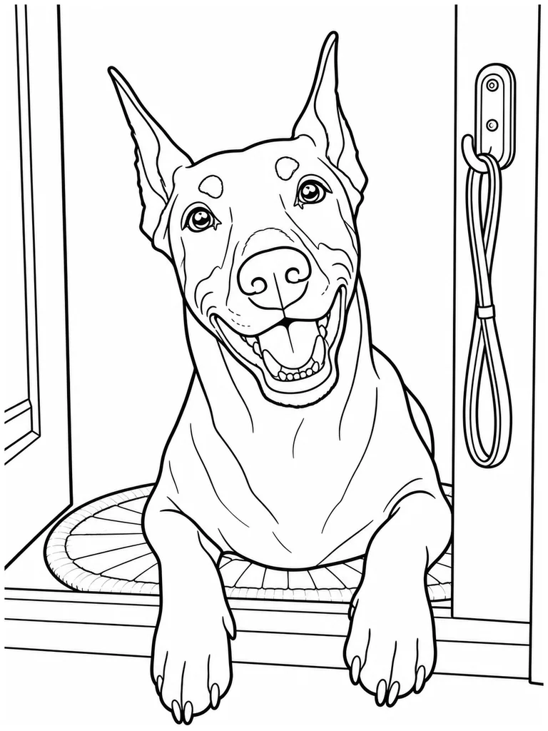 A Doberman Pinscher leans happily over the entry mat beside a hanging leash.