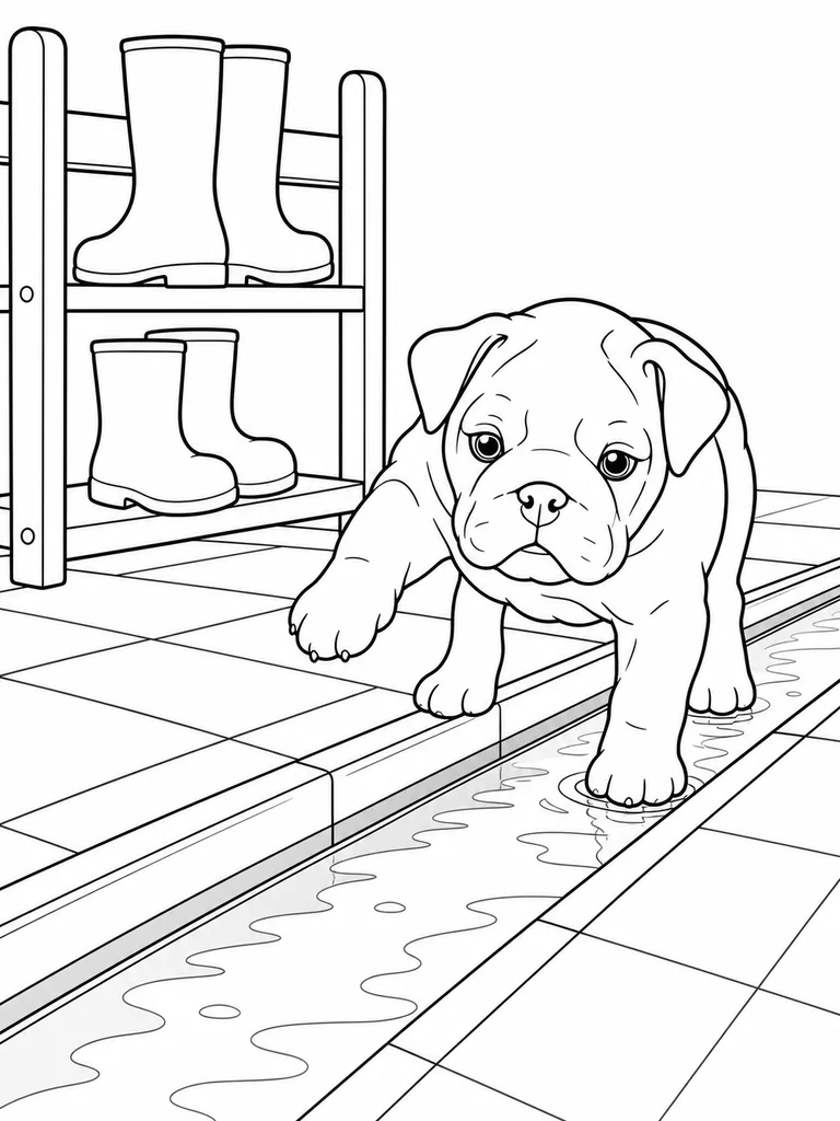 Near a boot rack, an English Bulldog steps across a shallow wash strip.