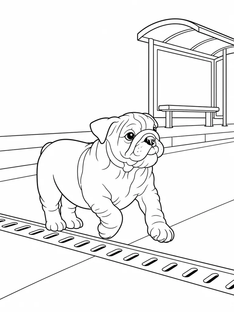 An English Bulldog lifts one paw while crossing a drain beside a simple tram shelter.