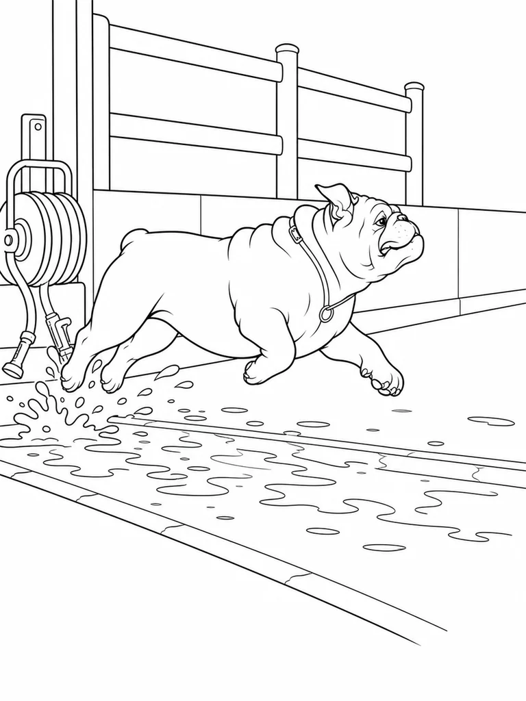 Splashing past a coiled hose, an English Bulldog runs through the farm wash yard.