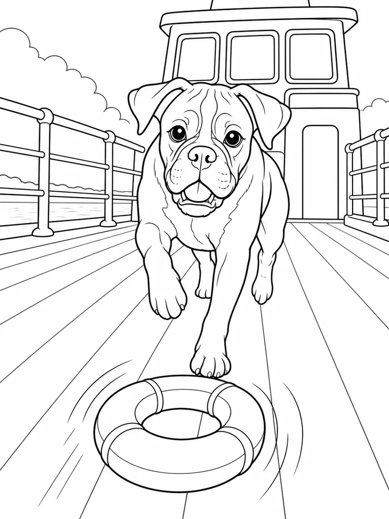 On a ferry deck, a Boxer Dog runs toward a rolling life ring between the railings and cabin.