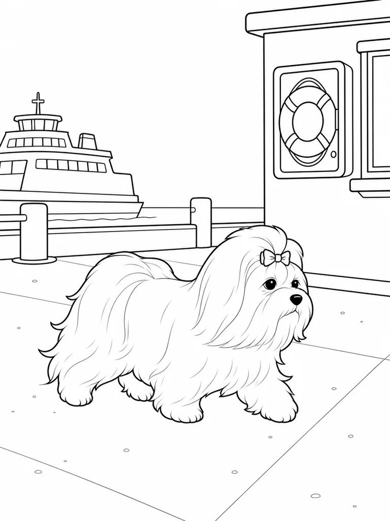 A Maltese walks along a dock walkway with a ferry and life ring case in the scene.