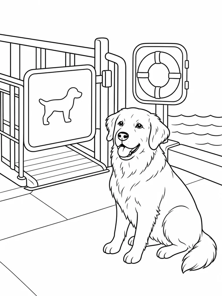A happy Labrador sits by a ferry gate and life ring box on a clean dock walkway.