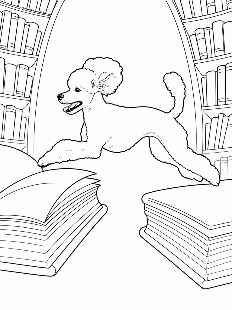 In this printable line art, a Poodle stretches across the gap between two giant book platforms inside a curved library.