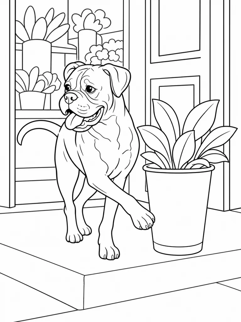At a flower shop entrance, a Boxer Dog steps around a large potted plant while looking back toward the doorway.
