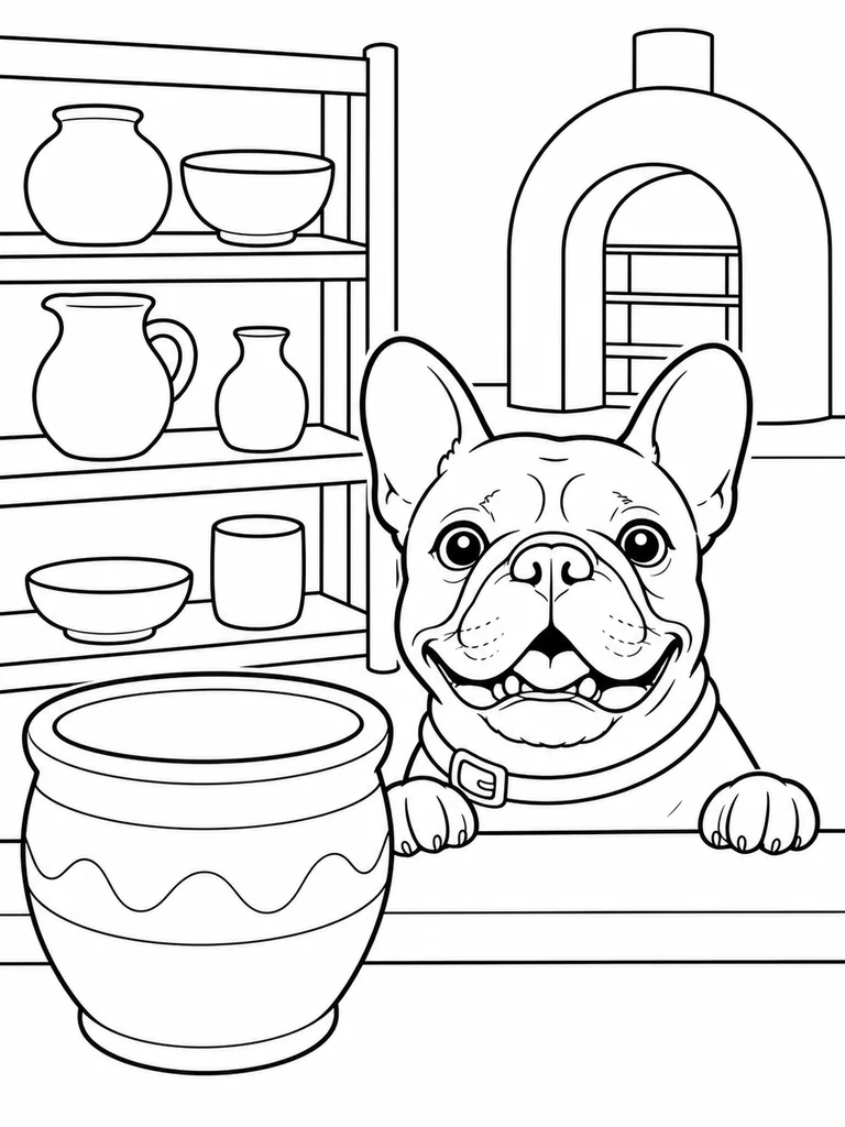 A Frenchie rests its paws on a pottery shelf and looks over a large clay pot.