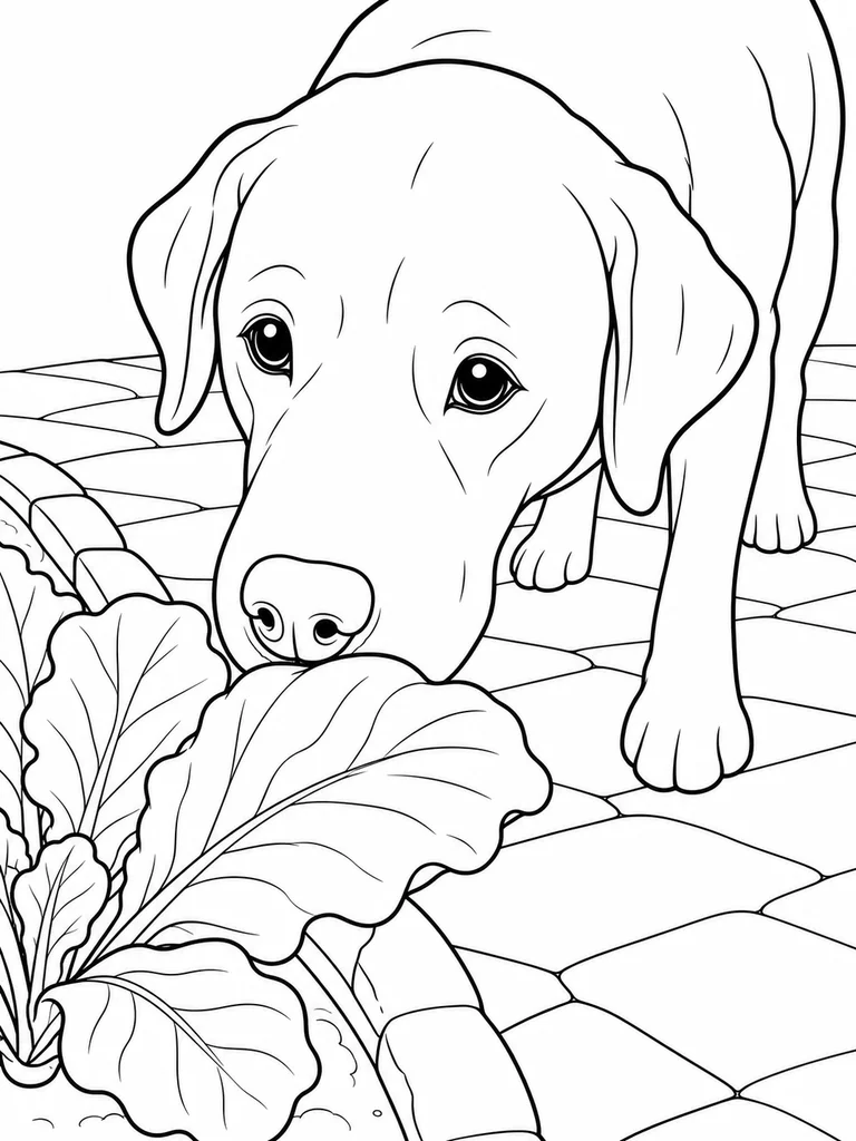 A Lab Dog lowers its nose toward a big leafy vegetable beside a paved garden path.