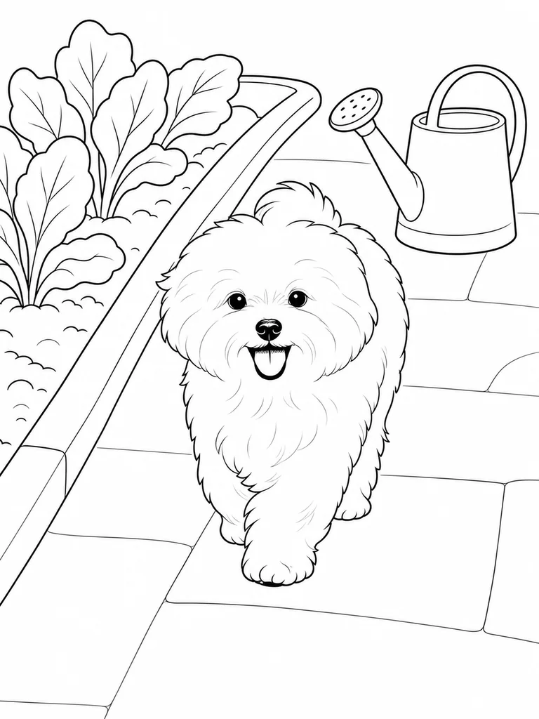 Along a garden path, a Maltese walks near leafy plants and a watering can.