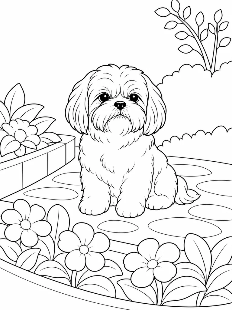 A Shih Tzu sits on a garden path beside raised flowers and leafy plants.