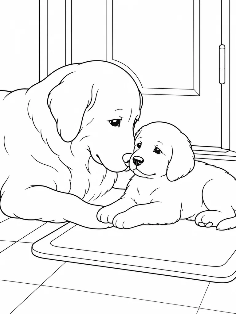 An adult Golden Retriever lowers its head toward a puppy resting by a home doorway.