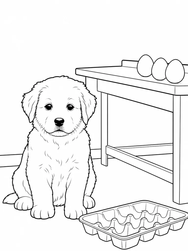 Inside an egg room, a Golden Puppy sits between an empty tray and a table holding three eggs in this printable.