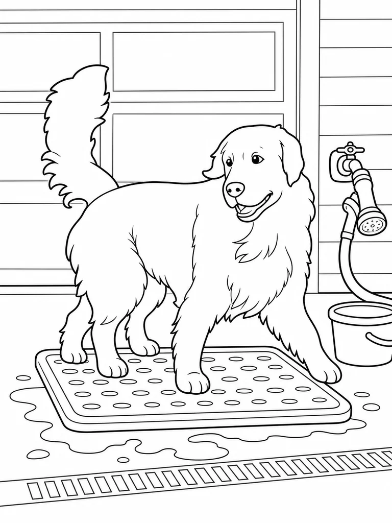 A Golden Retriever stands on a driveway rinse mat beside a hose and drain.