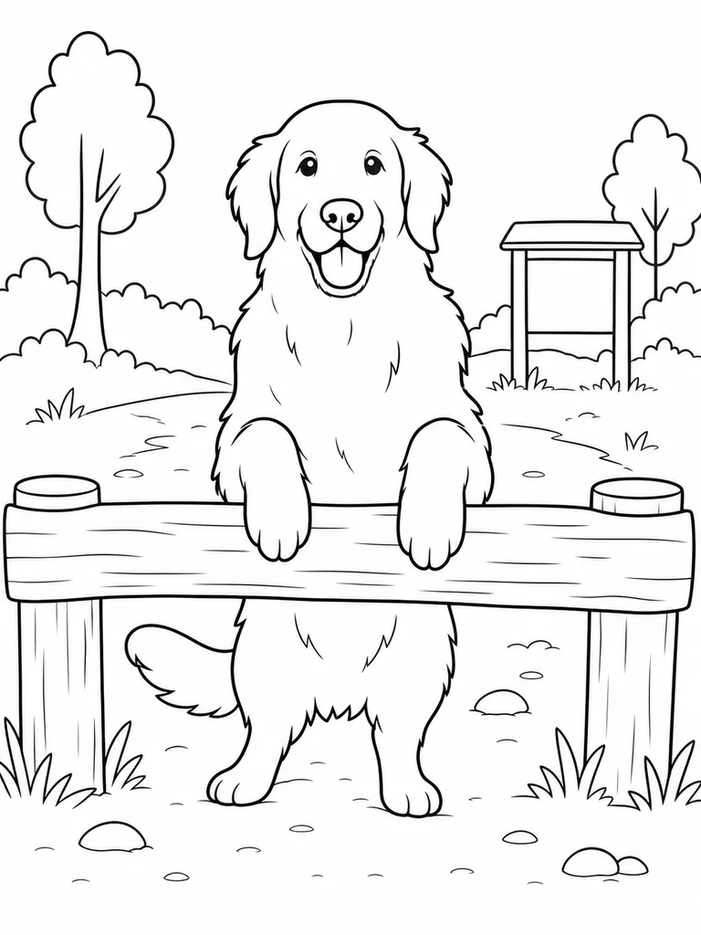 A Golden Retriever places both front paws on a low trail log in a nature area.