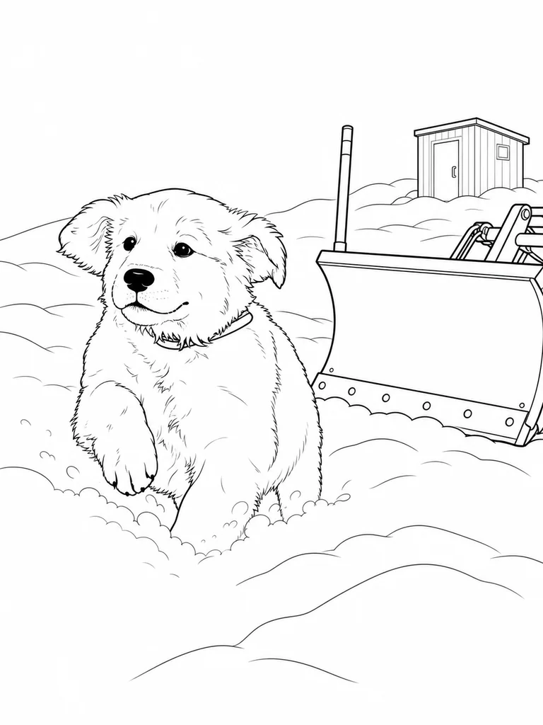 A Golden Retriever bounds through deep snow past a snowplow blade and small shed.