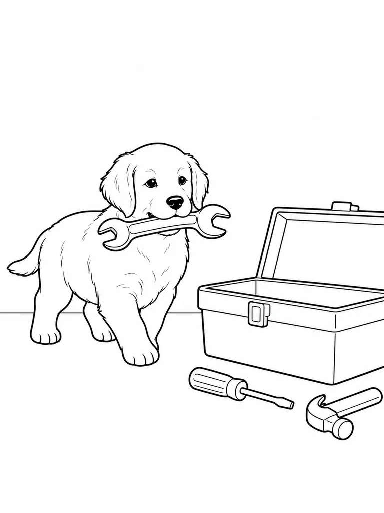 Carrying a wrench in its mouth, the Golden Retriever walks toward an open toolbox.