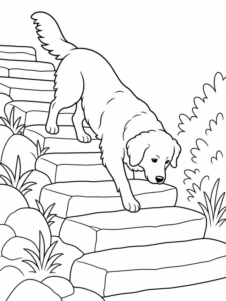 A Golden Retriever steps down broad trail stones on a simple hiking path.