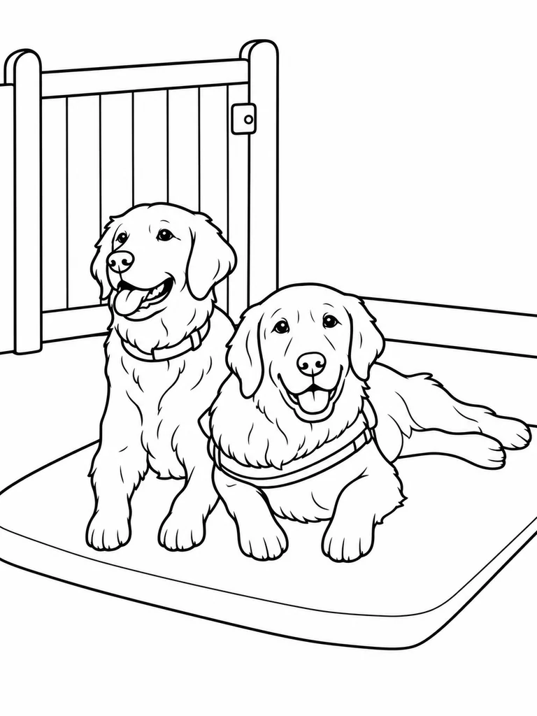 Two Golden Retriever friends relax together on a mat near a low gate.
