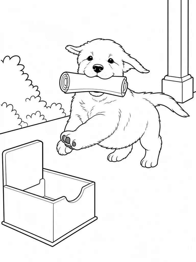 Beside a porch mail holder, the Golden Retriever runs with a rolled newspaper in its mouth on this coloring sheet.