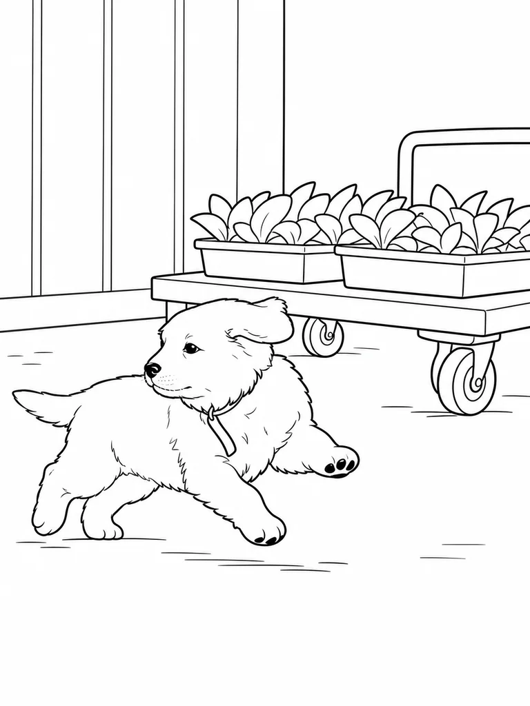 A Golden Retriever runs past a low nursery cart filled with broad plant trays in this coloring page.