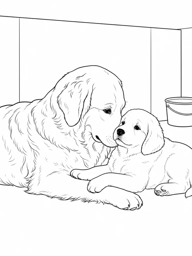 Nuzzling gently, a Golden Retriever parent lies nose to nose with a young pup inside a stall.
