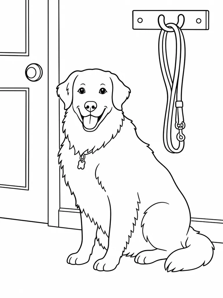 A Golden Retriever sits by the front door under a hanging leash.