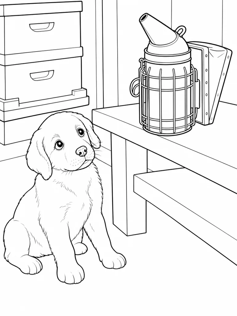 The Golden Retriever looks up at a beekeeper smoker resting on a workbench.