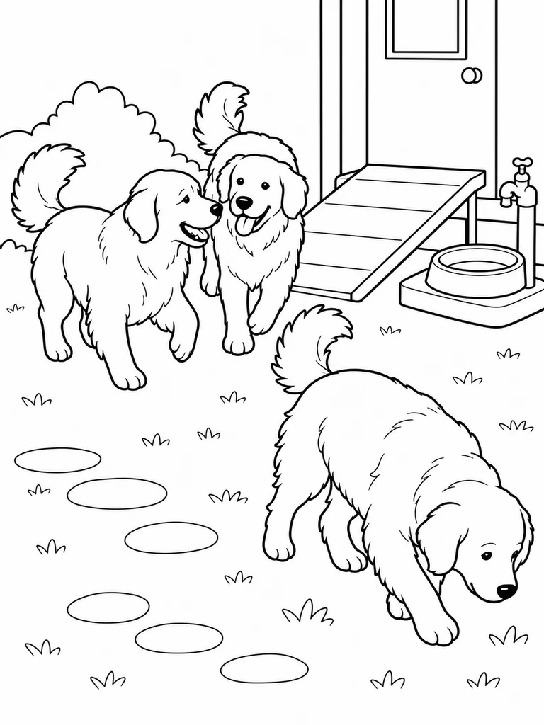 Three Golden Retrievers move around a daycare yard near a ramp and water bowl.