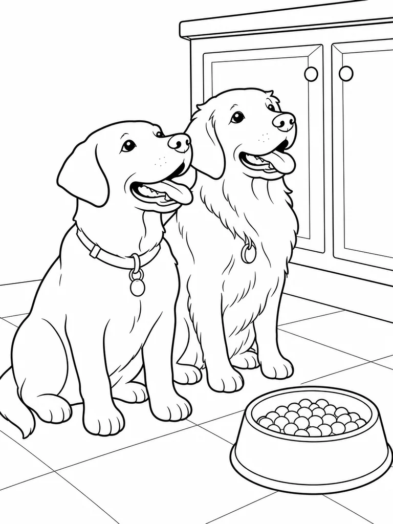 Two Golden Retrievers sit in a kitchen and look toward a full food bowl.