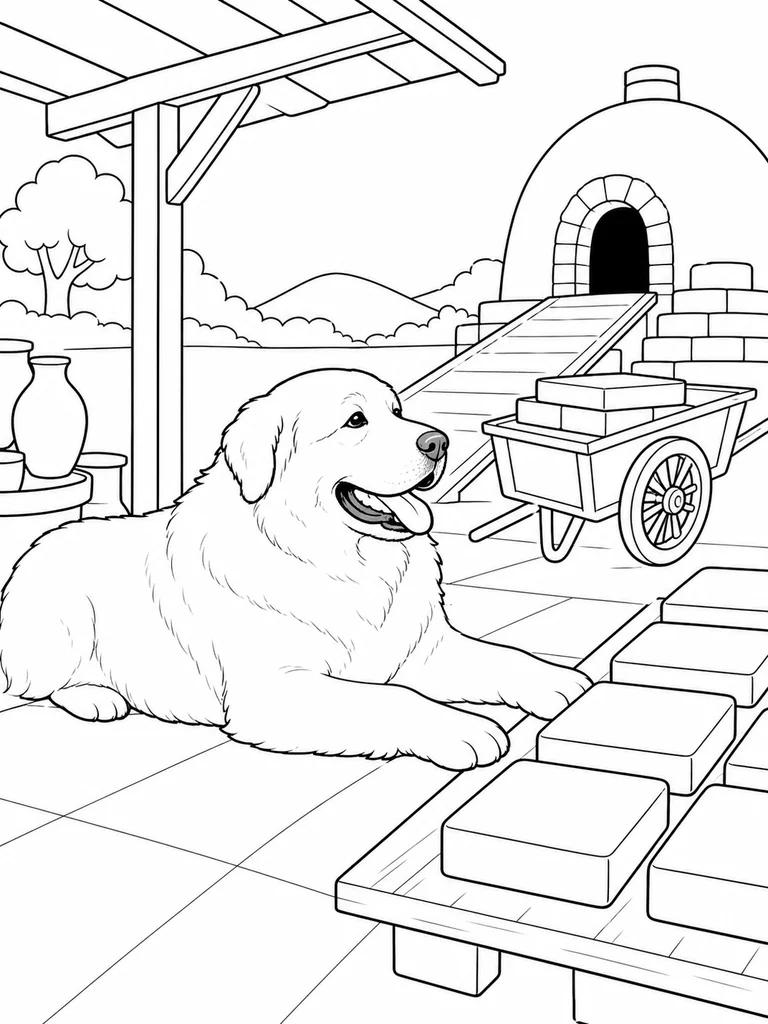 Beside stacked bricks and a wheelbarrow, a Great Pyrenees rests near an outdoor kiln in this printable scene.