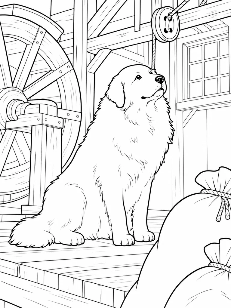 Beside the waterwheel and its pulley, a seated Great Pyrenees looks upward from the wooden floor.