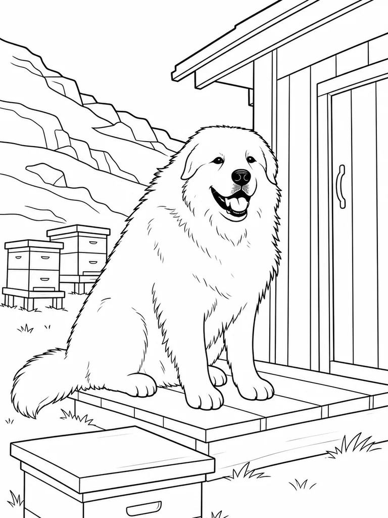 This printable coloring sheet shows a friendly Great Pyrenees sitting beside beehives at a mountain shed.