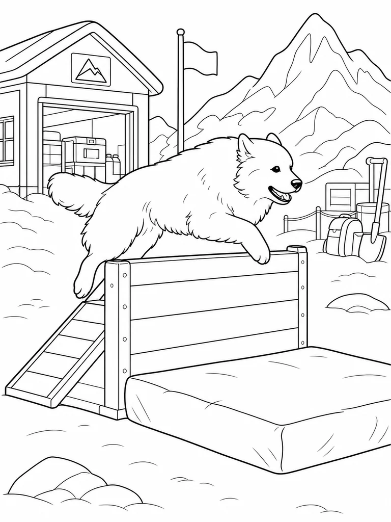 Mid-jump at a snowy supply depot, a Great Pyrenees clears a low barrier toward a padded landing area.