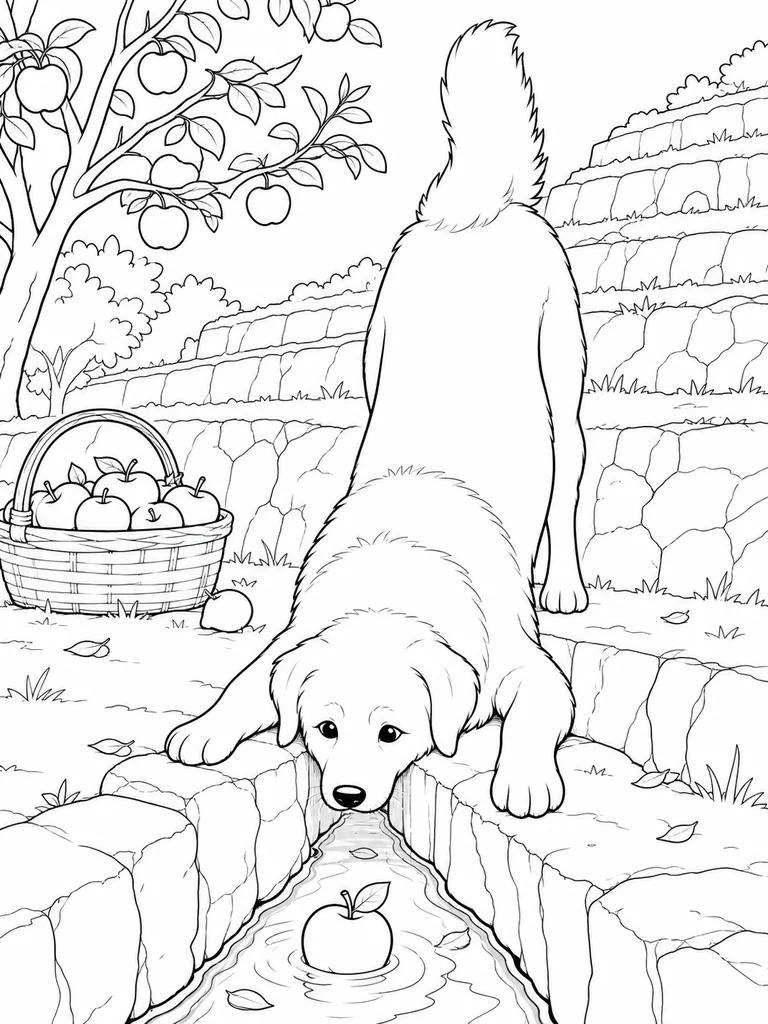 Nose down over a stone channel, a playful Great Pyrenees investigates an apple in the water.