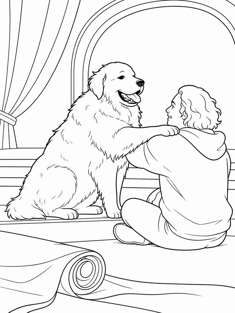 With one paw on a seated performer’s shoulder, a gentle Great Pyrenees offers comfort beside theater steps and a rolled curtain.