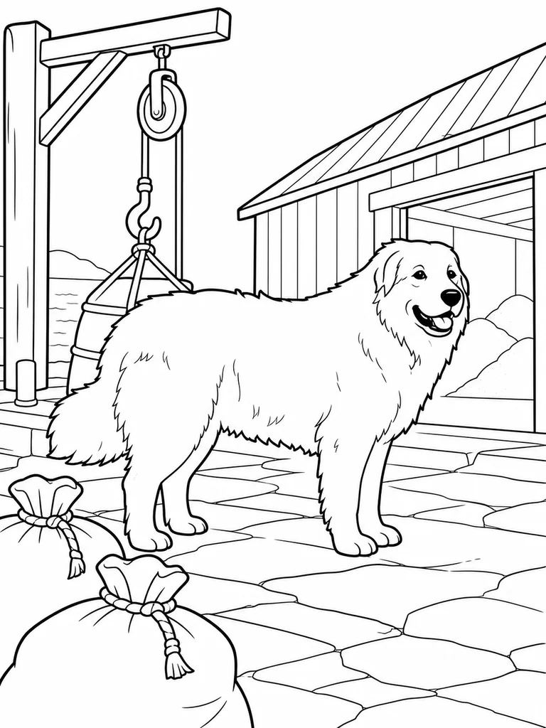 At a salt warehouse, a Great Pyrenees pauses on a stone loading dock beside sacks, a hoist, and an open doorway.