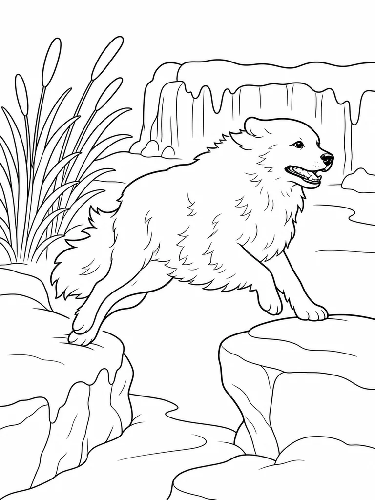 Leaping across a narrow creek, a Great Pyrenees moves between rocky ledges near a frozen waterfall.