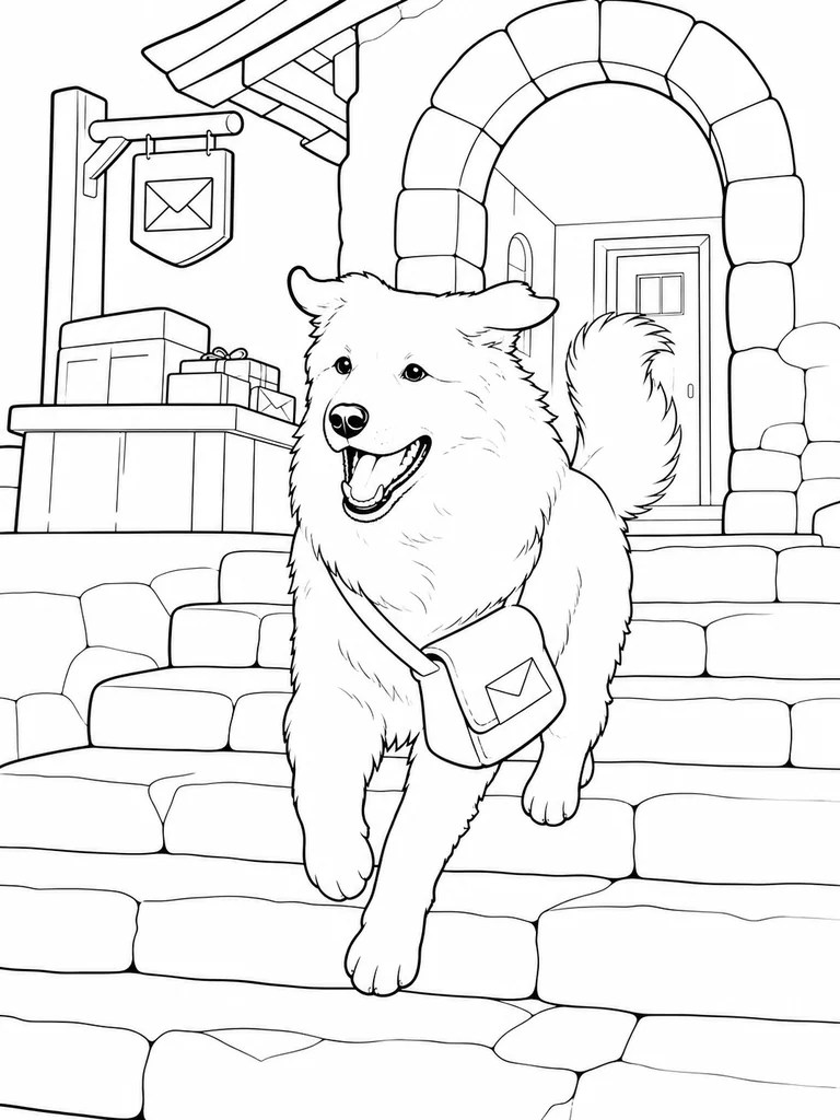 Wearing a small mail satchel, a cheerful Great Pyrenees bounds down the stone steps of a mountain post station.