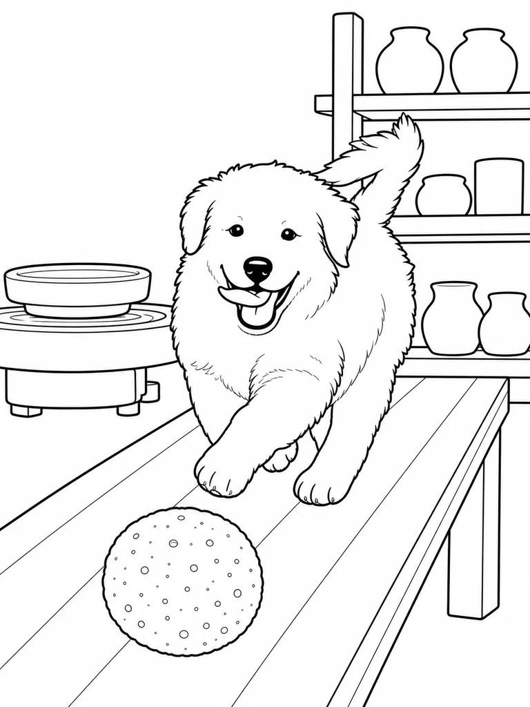 This printable coloring page follows a fluffy Great Pyrenees puppy racing after a round sponge in a pottery workshop.