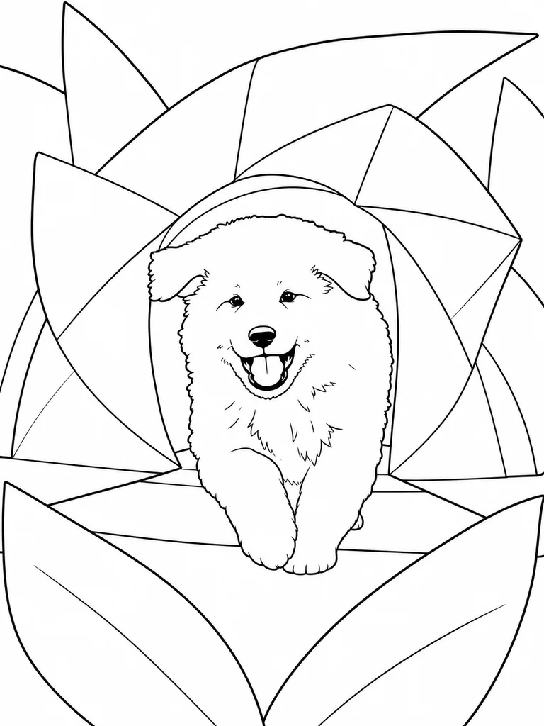 This printable coloring sheet shows a smiling Great Pyrenees puppy running from a maze of folded paper pinwheels.