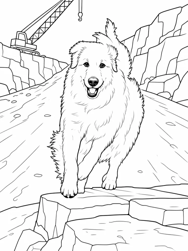 Running down a wide quarry ramp, a Great Pyrenees heads toward a rocky ledge with a crane in the distance.