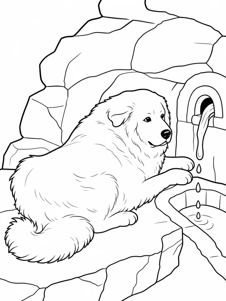 Cooling off on a broad stone shelf, a Great Pyrenees reaches toward water dripping from a spring spout.