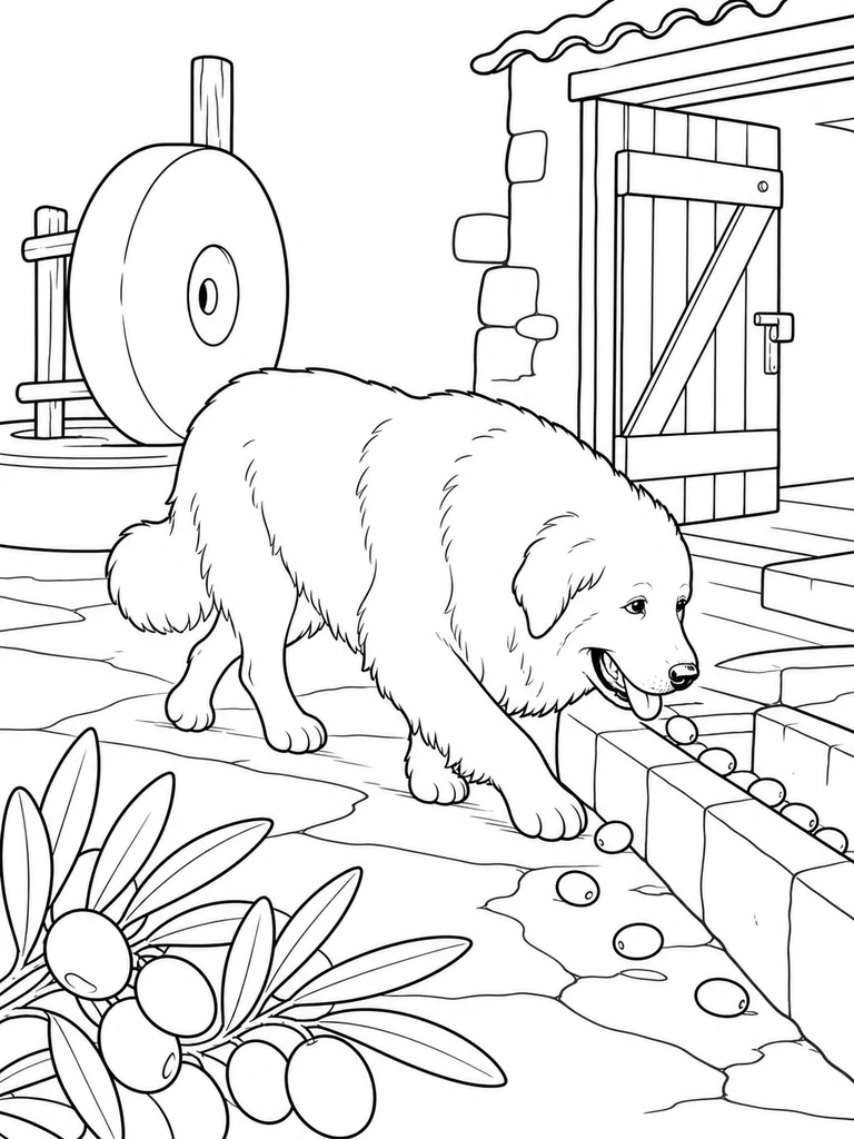 Near a stone trough and mill wheel, a Great Pyrenees lowers its nose to follow scattered olives.