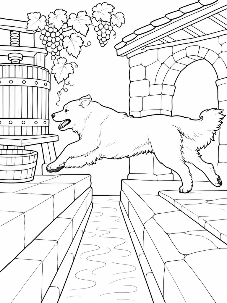 Across a narrow channel, a Great Pyrenees leaps beside a grape press and a stone winery arch.