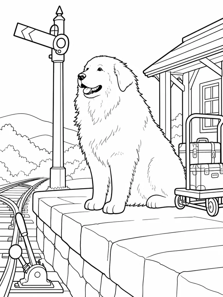 Waiting on a raised platform, a Great Pyrenees sits beside a railway signal, luggage cart, and tracks.