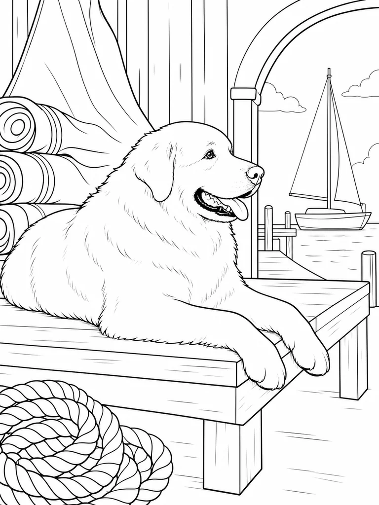 Resting on a raised sail-loft platform, a Great Pyrenees looks out toward a boat in the harbor.